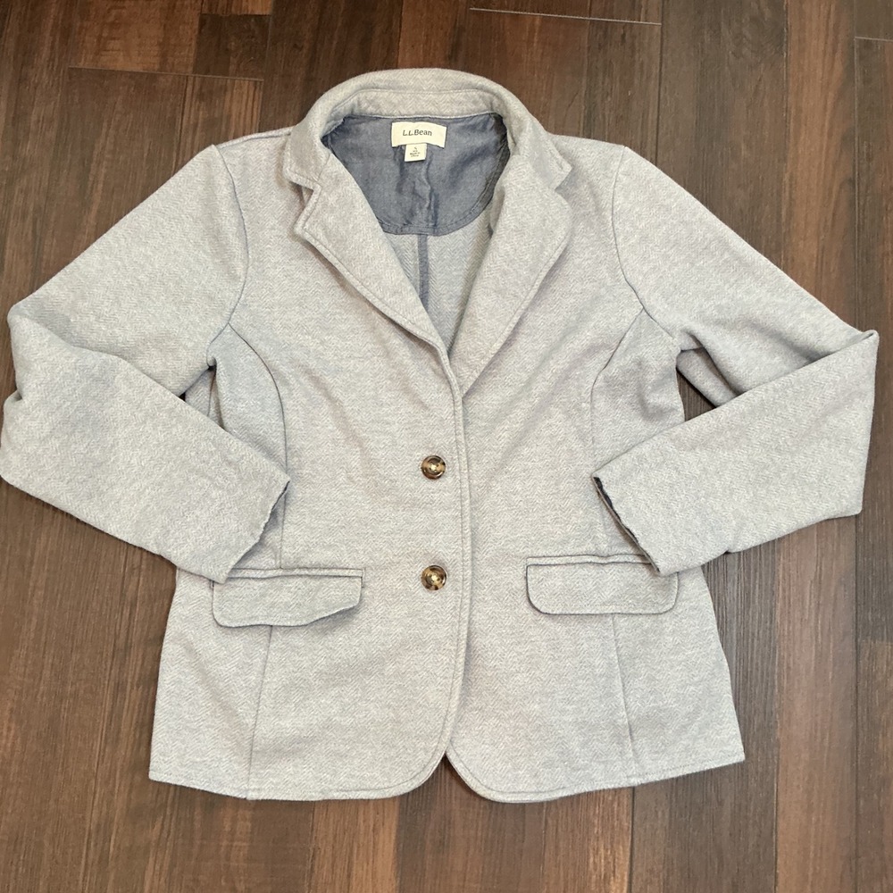 LL Bean Herringbone Knit Blazer Light Blue Grey Cotton Jacket S Regular 290573
